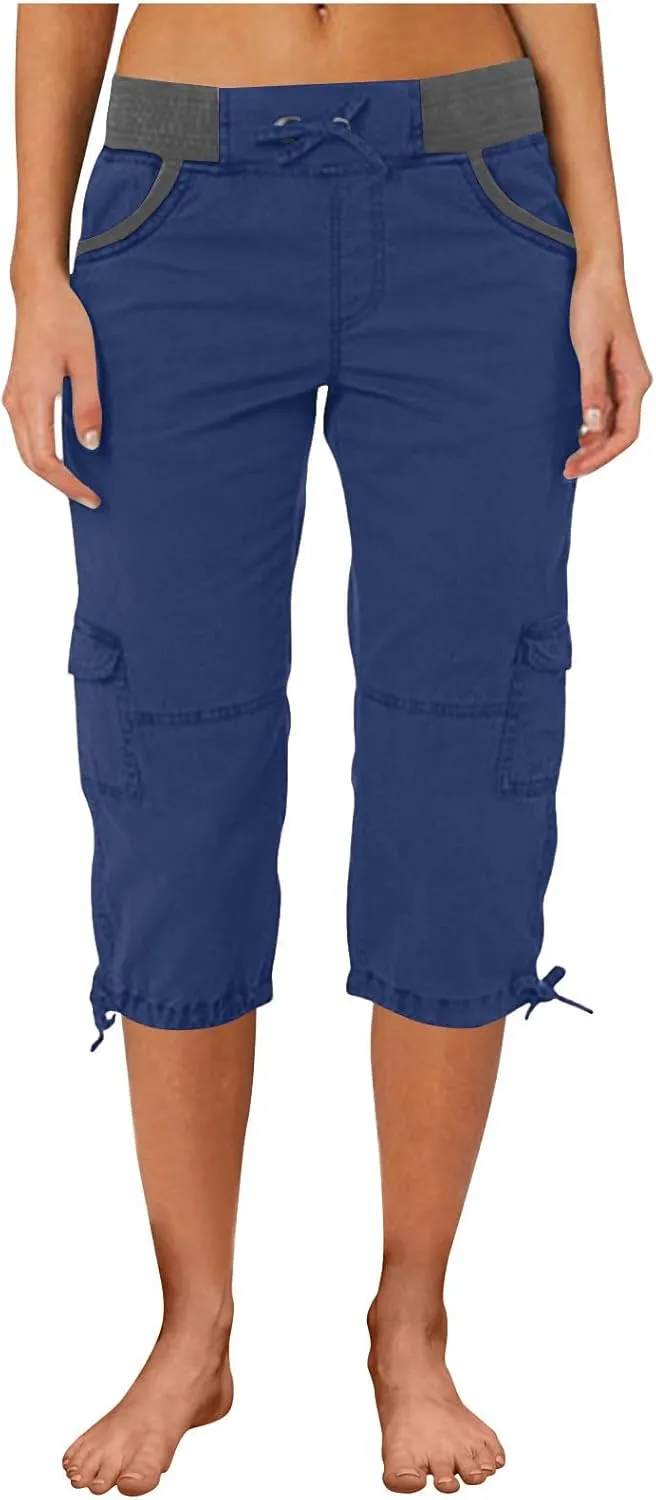 Capri Pants for Women Summer Cargo Capris with Pockets Drawstring Casual Hiking Solid Elastic Waist Cropped Trousers
