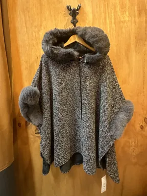 Fur Detail Hooded Knit & Fleece Lined Poncho