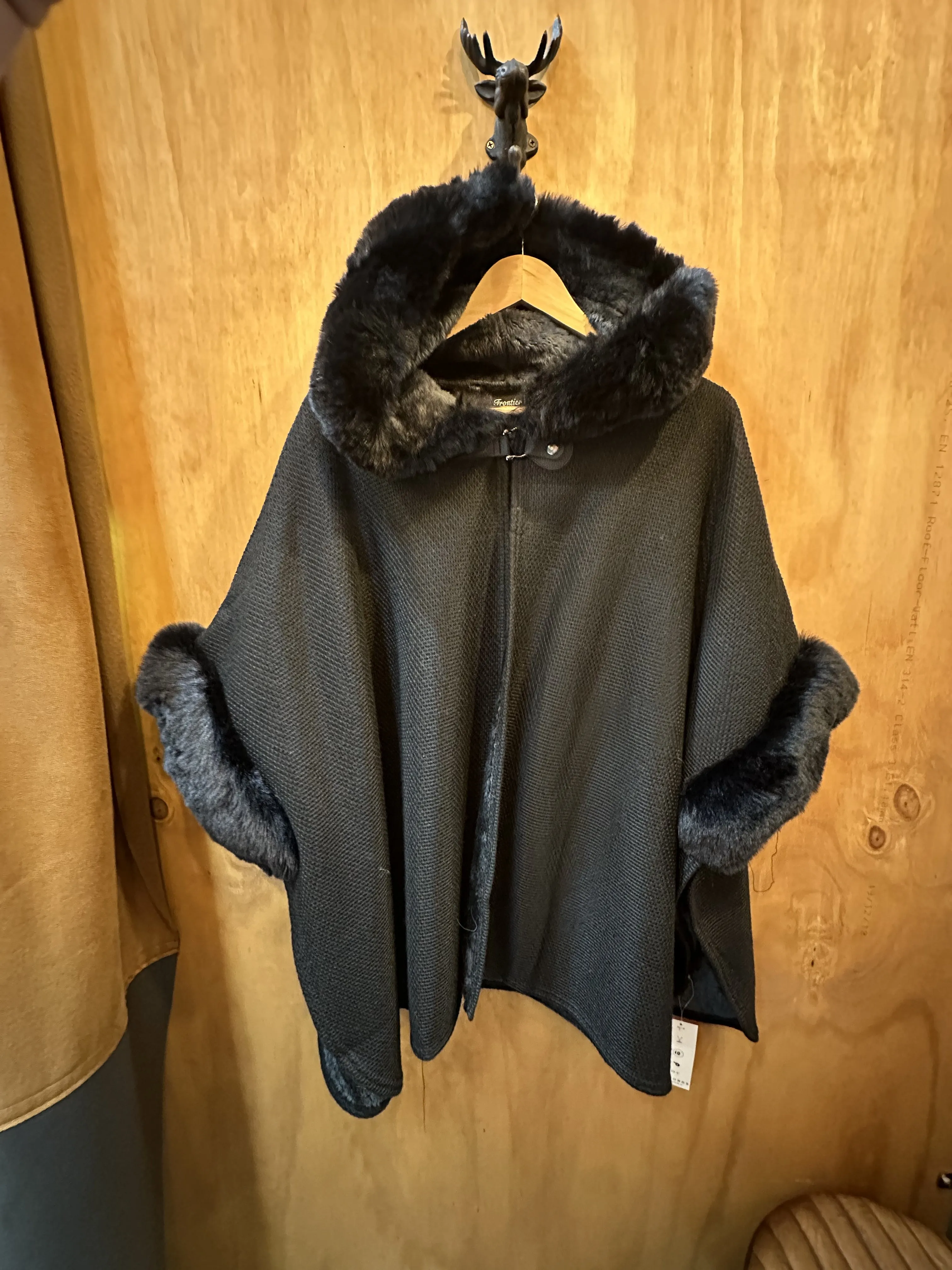 Fur Detail Hooded Knit & Fleece Lined Poncho