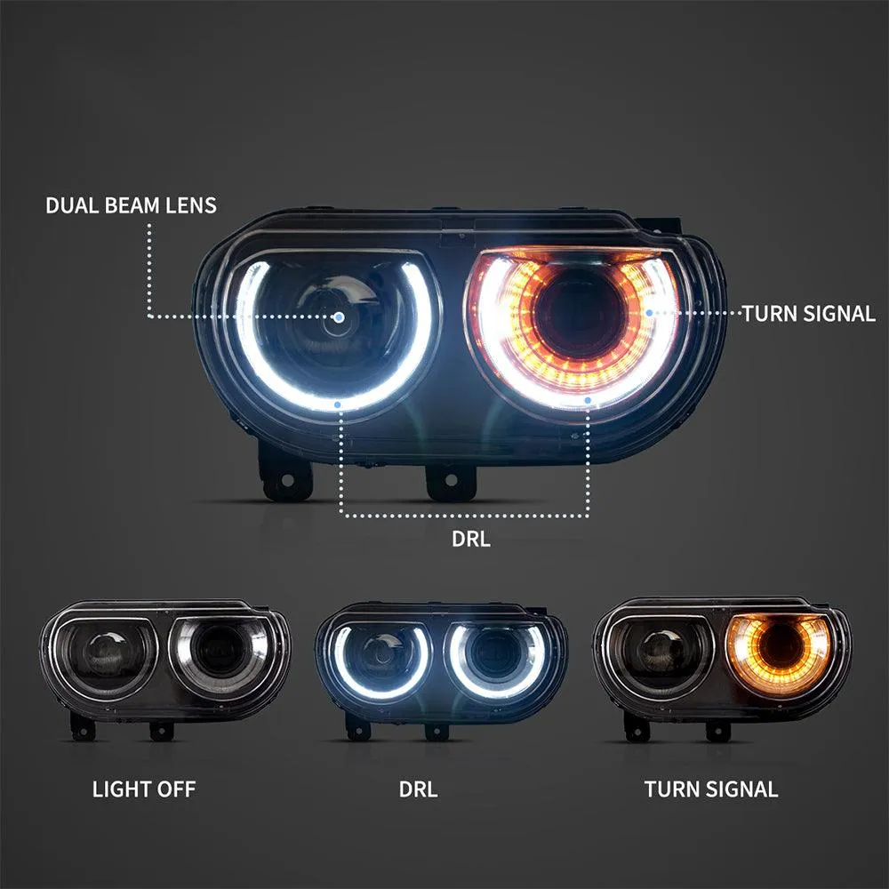 LED Headlight Assembly Dual Beam Projector Black For 2008-2014 Dodge Challenger 3th Gen Pre-Facelift